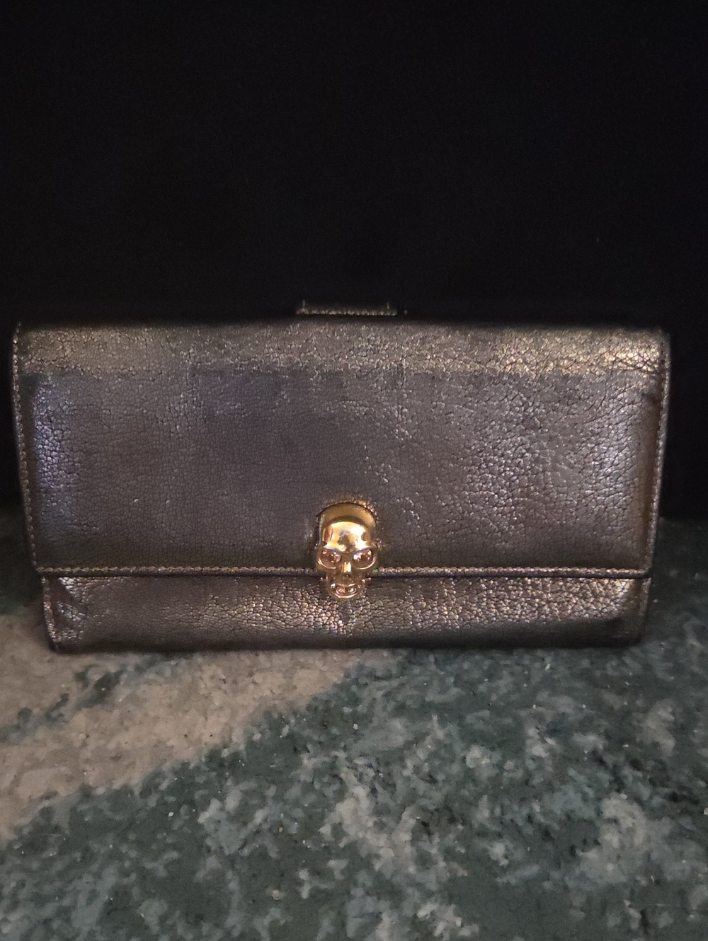 Alexander McQueen Continental Metallic Gold Leather Skull-Accent Women's Wallet